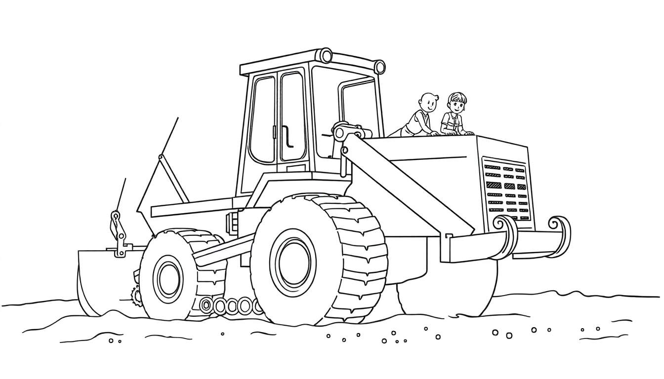 Um rolo compressor de estrada em estilo cartoon com duas crianças sentadas na frente, pronto para ser colorido em um color panel.