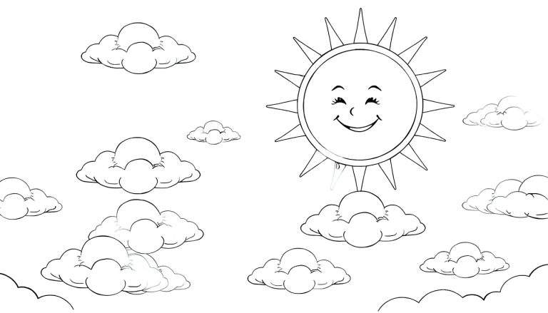 Um céu desenhado a preto e branco com um sol sorridente e nuvens em um color panel.