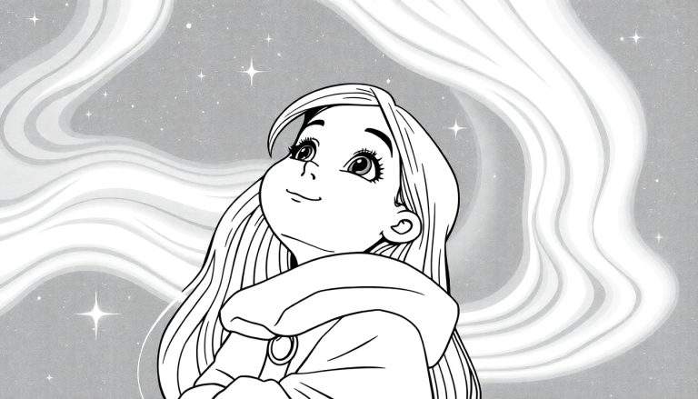 Uma menina de capuz com olhos grandes e um sorriso, olhando para cima para um céu noturno estrelado em um color panel.