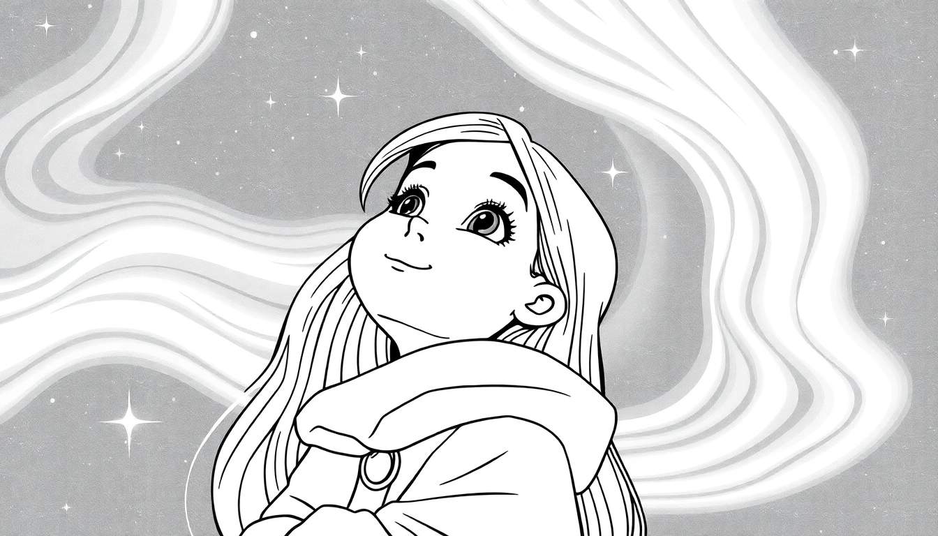 Uma menina de capuz com olhos grandes e um sorriso, olhando para cima para um céu noturno estrelado em um color panel.