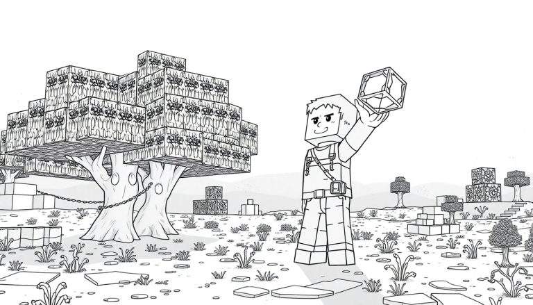 Steve de Minecraft com um bloco na mão, perto de uma árvore cubista, em um cenário em preto e branco com um color panel.