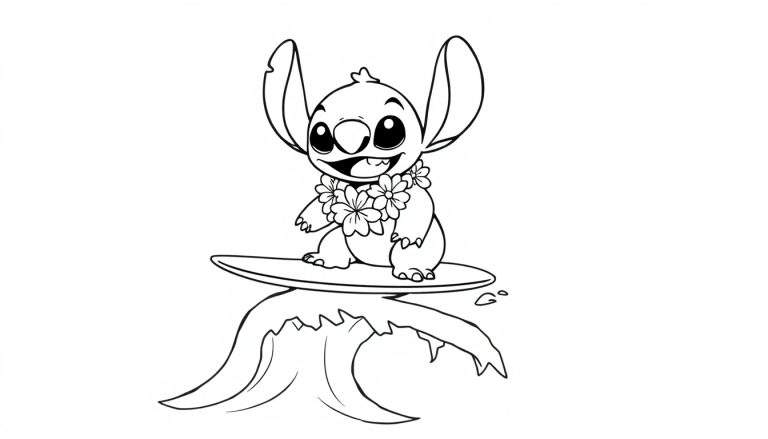 Stitch surfando em uma onda, pronto para uma pintura para colorir.