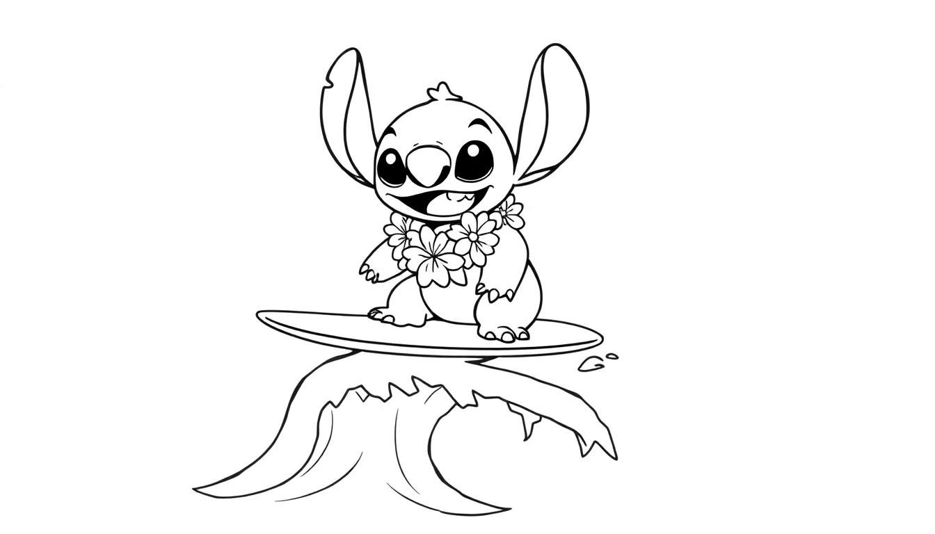 Stitch surfando em uma onda, pronto para uma pintura para colorir.