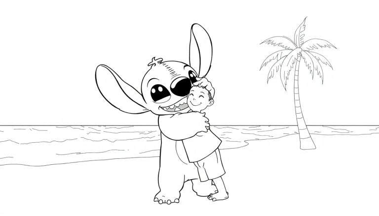 Desenho a preto e branco de Stitch a abraçar uma criança numa praia tropical, página de um livro para colorir.