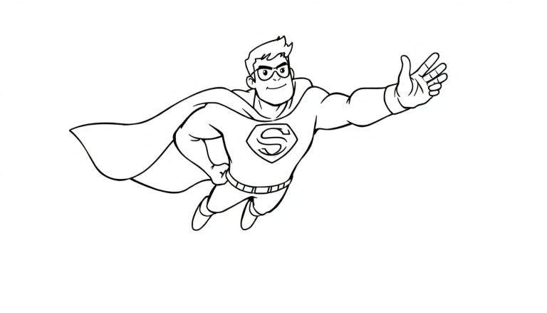 Um super-herói animado em preto e branco voando com um sorriso, capa esvoaçante e o símbolo 'S' no peito, pronto para ser colorido. color panel.