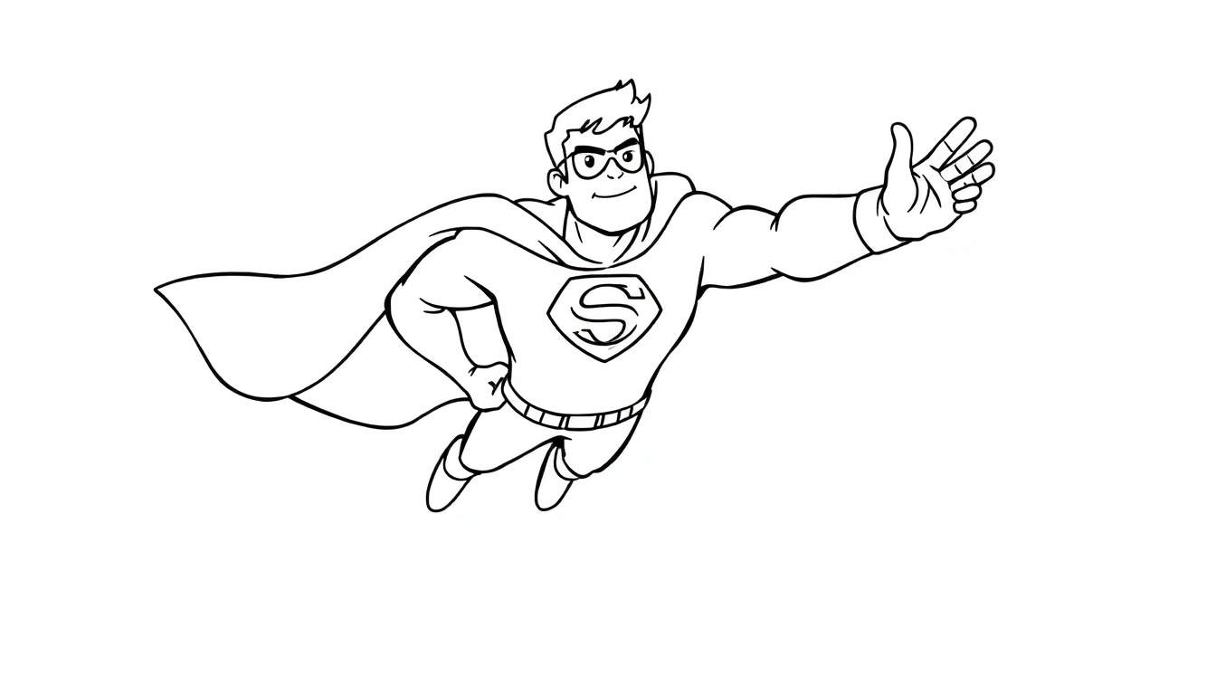 Um super-herói animado em preto e branco voando com um sorriso, capa esvoaçante e o símbolo 'S' no peito, pronto para ser colorido. color panel.