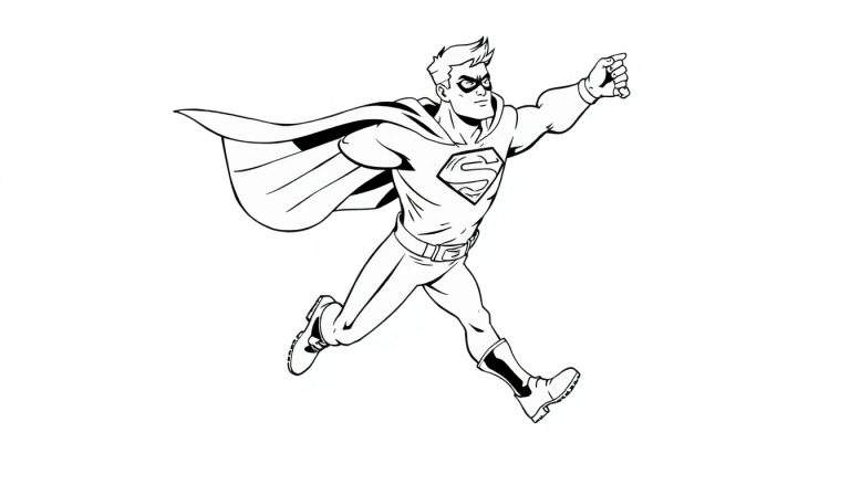 Desenho linear de um super-herói voando, com um logo em forma de 'S' no peito.