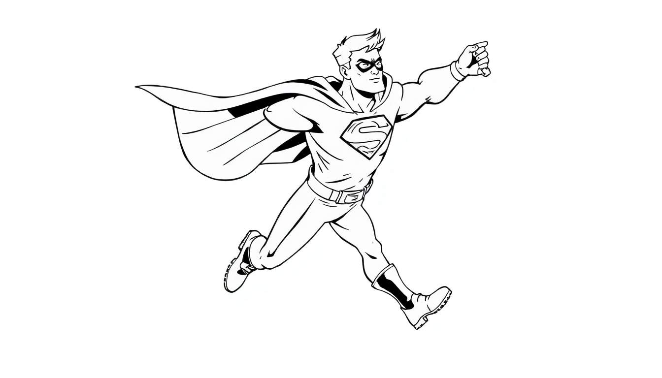 Desenho linear de um super-herói voando, com um logo em forma de 'S' no peito.