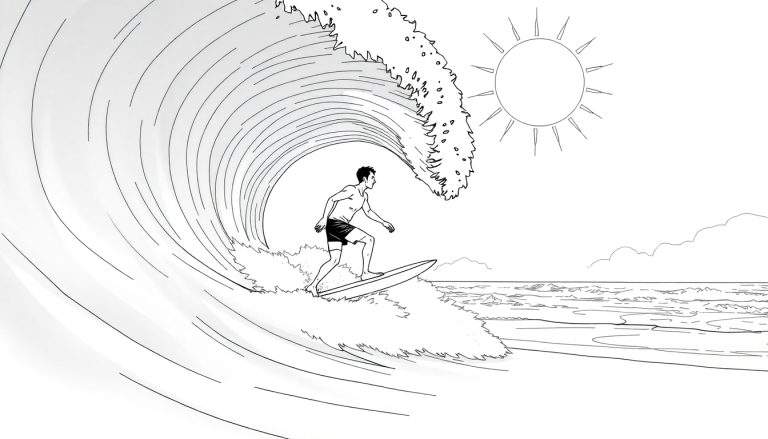Um surfista em preto e branco a deslizar numa onda, com o sol a brilhar e a praia ao fundo.