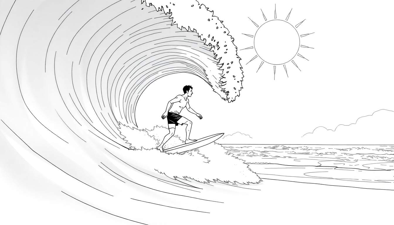Um surfista em preto e branco a deslizar numa onda, com o sol a brilhar e a praia ao fundo.