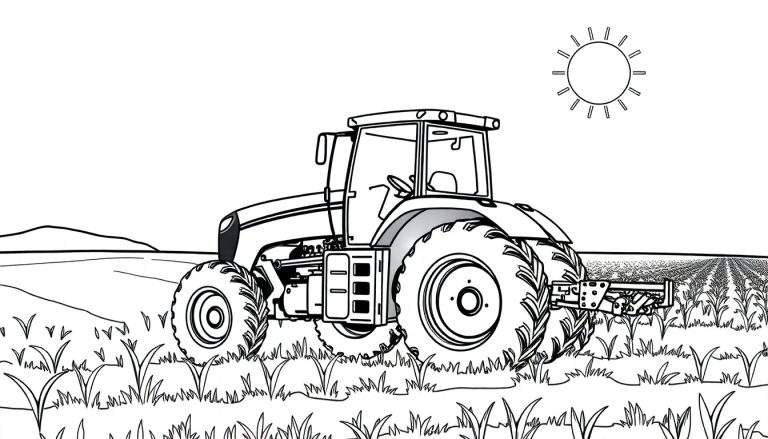 Um trator robusto em preto e branco trabalhando em um campo ensolarado, com linhas de colheitas e uma colina distante. O sol irradia raios.