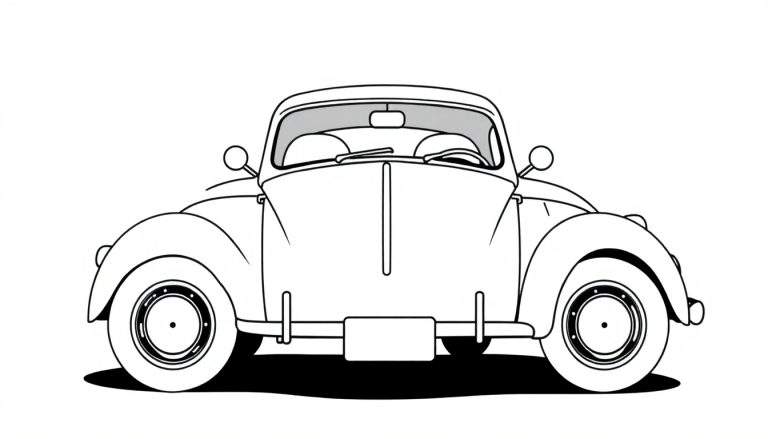 Um carro antigo preto e branco estilo cartoon, visto de frente, com um para-choque e placa, em um fundo branco. O color panel está pronto para cores vibrantes.