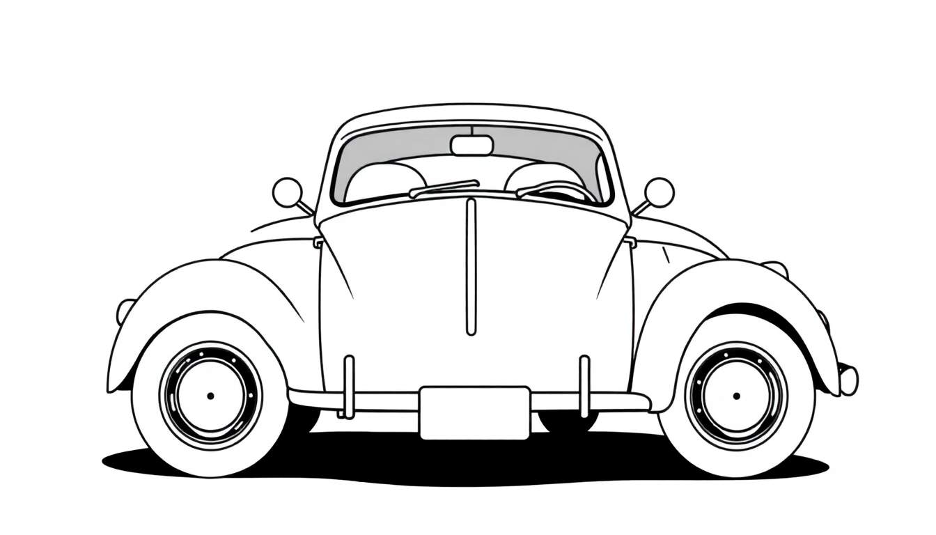 Um carro antigo preto e branco estilo cartoon, visto de frente, com um para-choque e placa, em um fundo branco. O color panel está pronto para cores vibrantes.