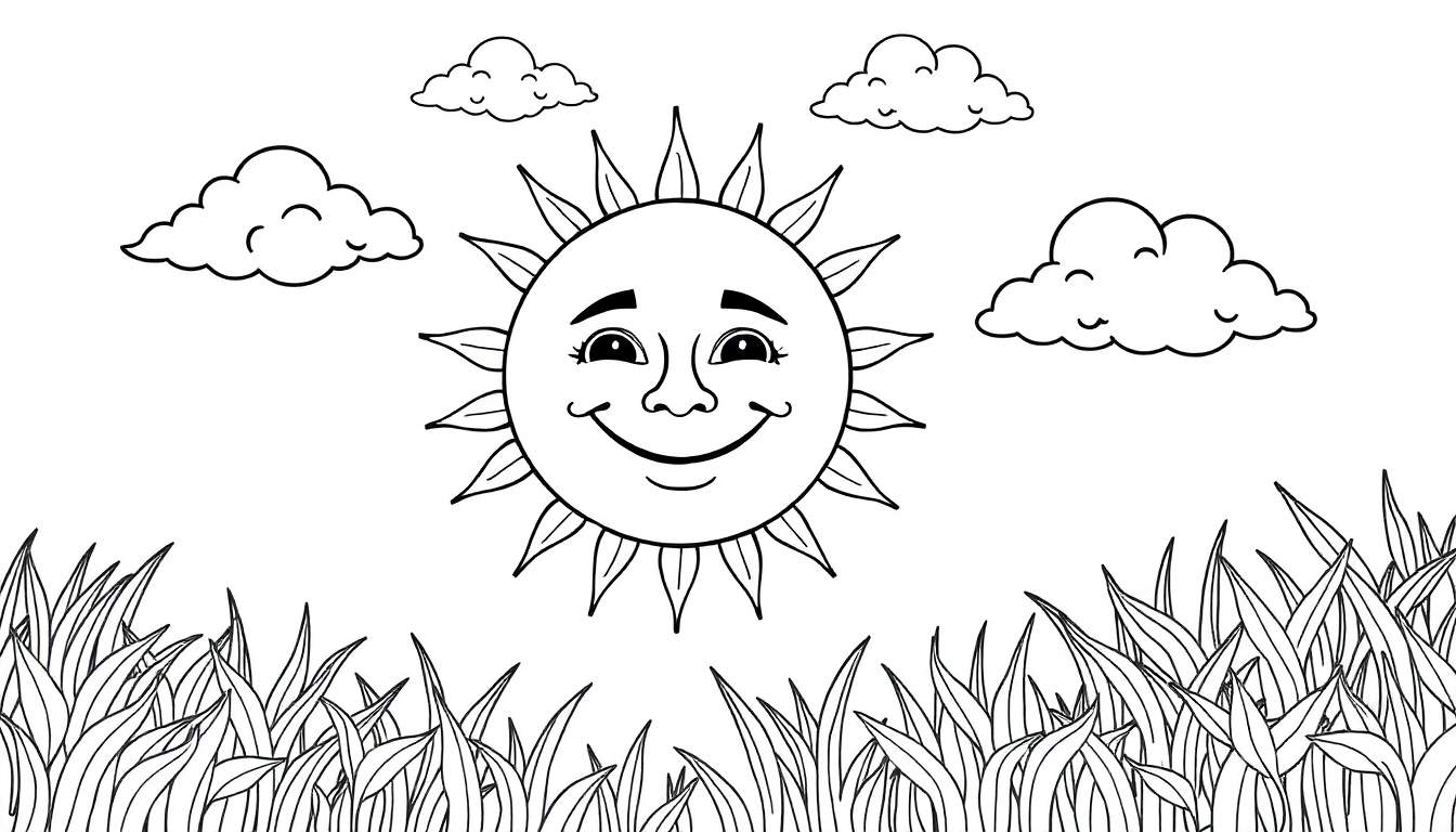 Um sol sorridente com raios e nuvens felizes em um color panel.