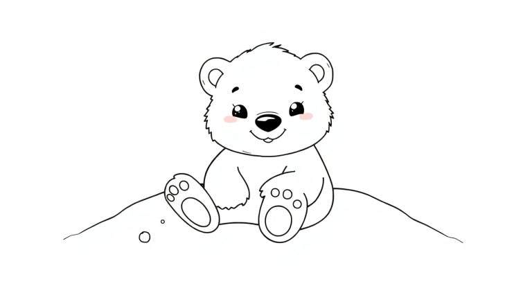 Um filhote de urso polar desenhado em estilo cartoon, sentado em um pequeno monte com olhos grandes e nariz redondo.