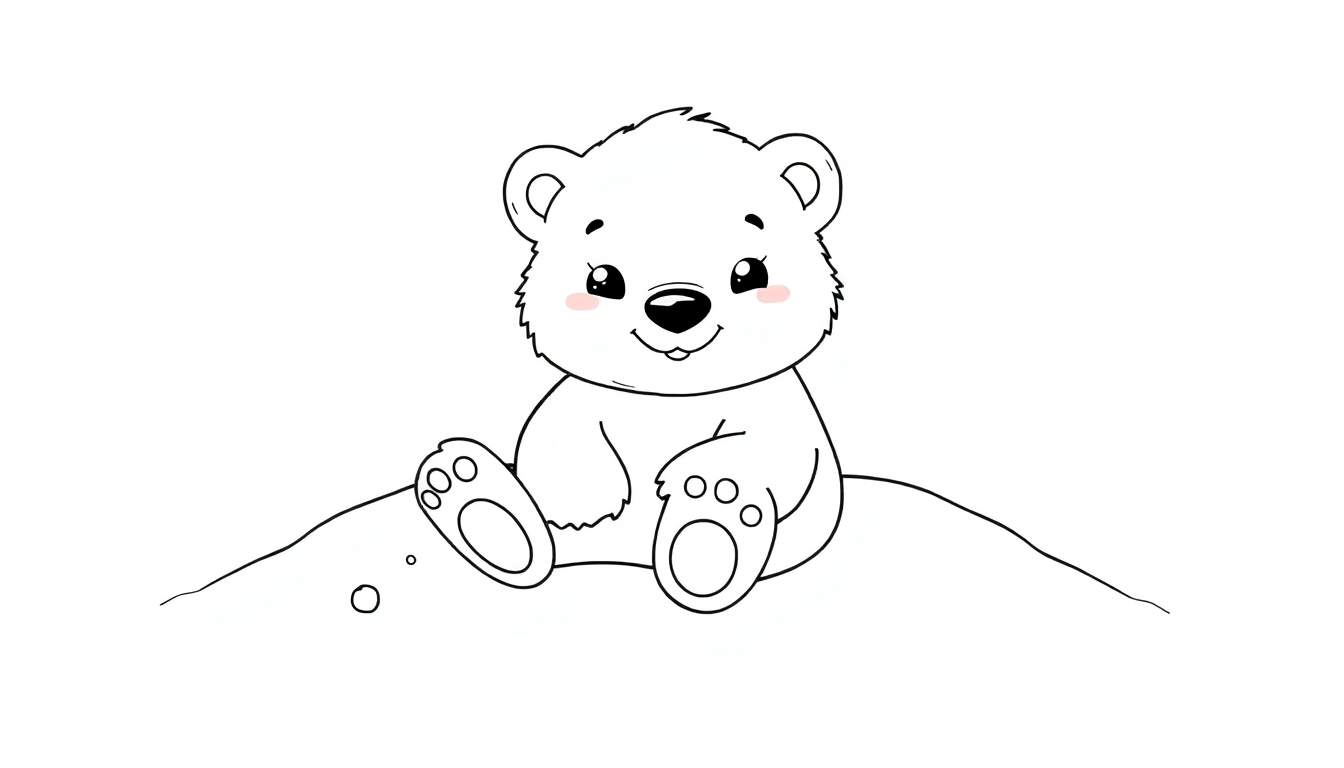 Um filhote de urso polar desenhado em estilo cartoon, sentado em um pequeno monte com olhos grandes e nariz redondo.