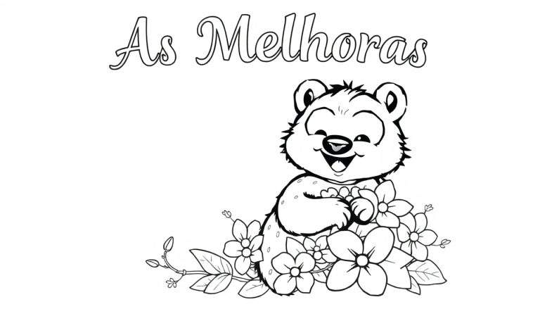 Uma pintura para colorir de um ursinho de pelúcia sorridente segurando um grande buquê de flores com a inscrição 'As Melhoras' acima.