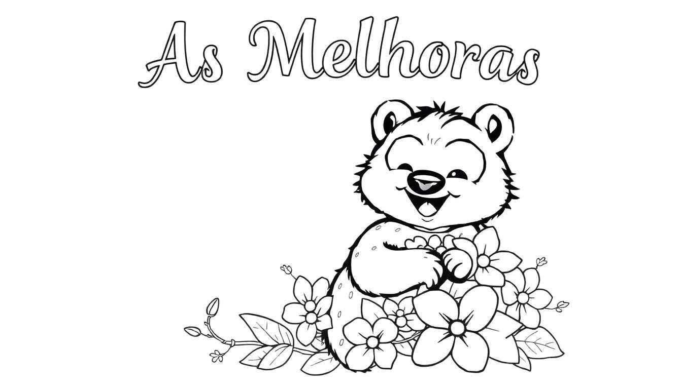 Uma pintura para colorir de um ursinho de pelúcia sorridente segurando um grande buquê de flores com a inscrição 'As Melhoras' acima.