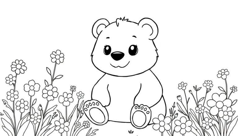 Um urso adorável com olhos grandes sentado num campo de flores coloridas, pronto para ser pintado. Um convite para desvendar a magia do color panel.