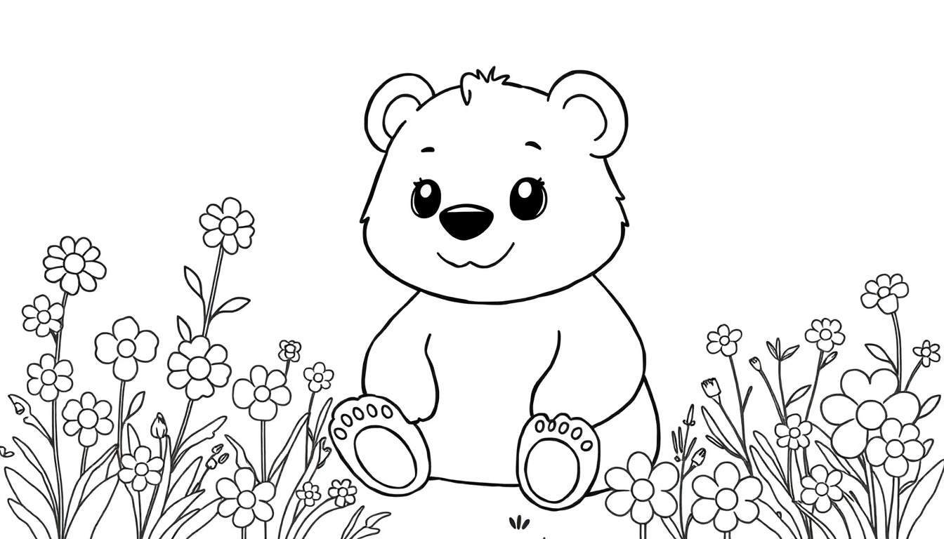 Um urso adorável com olhos grandes sentado num campo de flores coloridas, pronto para ser pintado. Um convite para desvendar a magia do color panel.