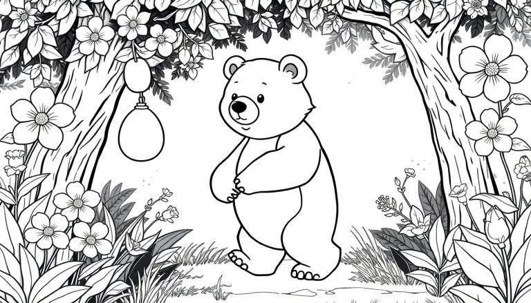 Urso fofinho em uma floresta florida, pronto para colorir.