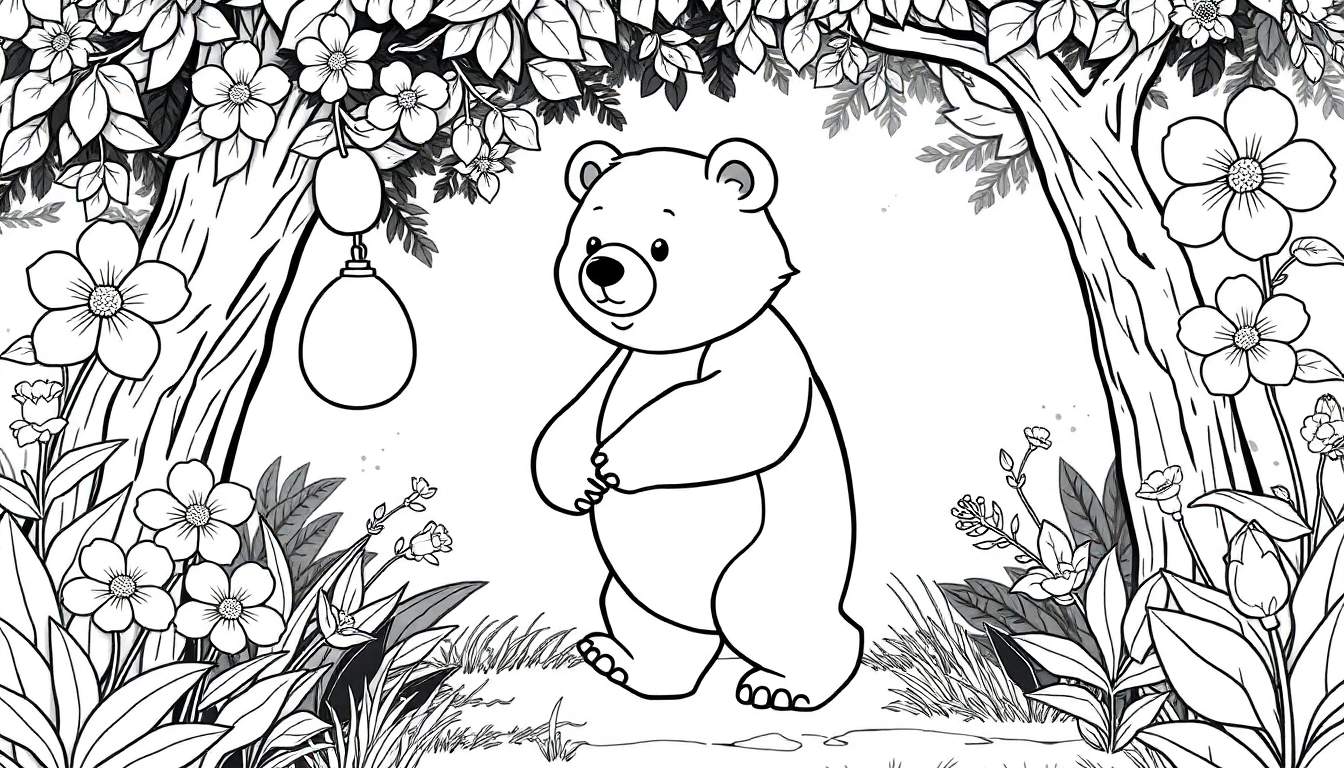 Urso fofinho em uma floresta florida, pronto para colorir.