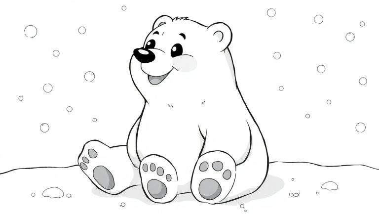Um adorável urso polar com um sorriso amigável está sentado na neve branca, com flocos de neve caindo ao fundo. O estilo é um desenho animado simples com contornos pretos.