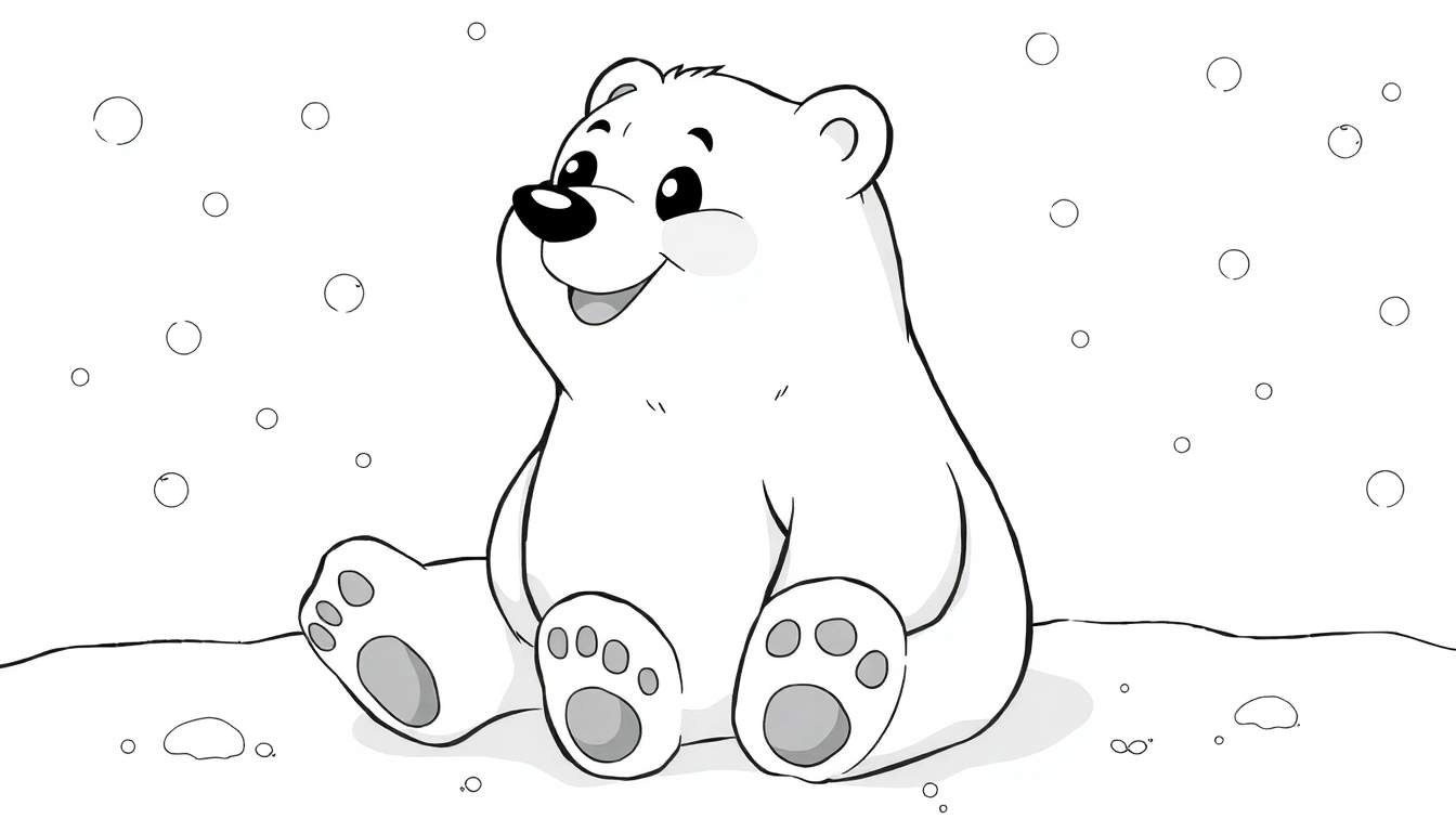 Um adorável urso polar com um sorriso amigável está sentado na neve branca, com flocos de neve caindo ao fundo. O estilo é um desenho animado simples com contornos pretos.