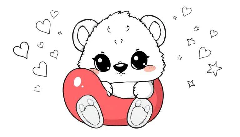 Urso polar fofo kawaii sentado num coração vermelho, rodeado por corações e estrelas vazios.