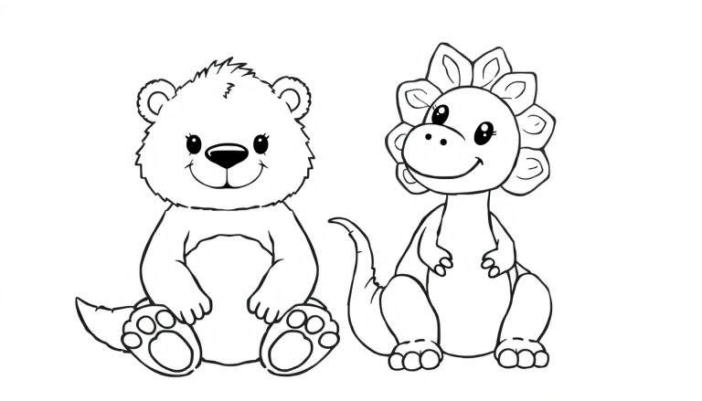 Ursinho de pelúcia e dinossauro de pelúcia em preto e branco, prontos para colorir em um color panel.