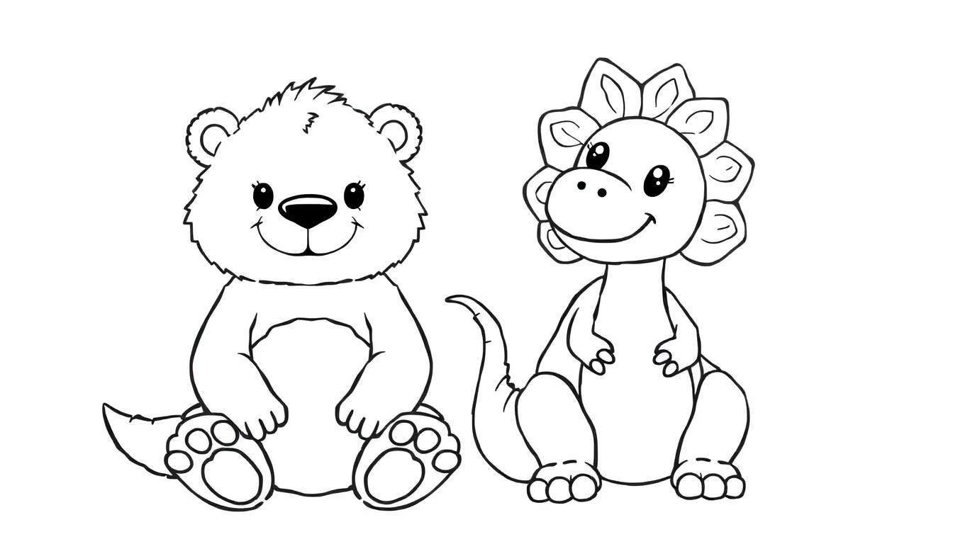 Ursinho de pelúcia e dinossauro de pelúcia em preto e branco, prontos para colorir em um color panel.