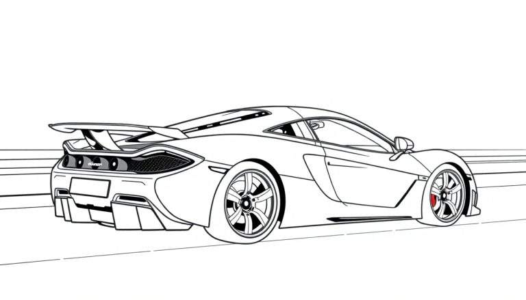 Um esboço de um carro McLaren esportivo em uma estrada, com um painel de cores vibrantes ao lado.