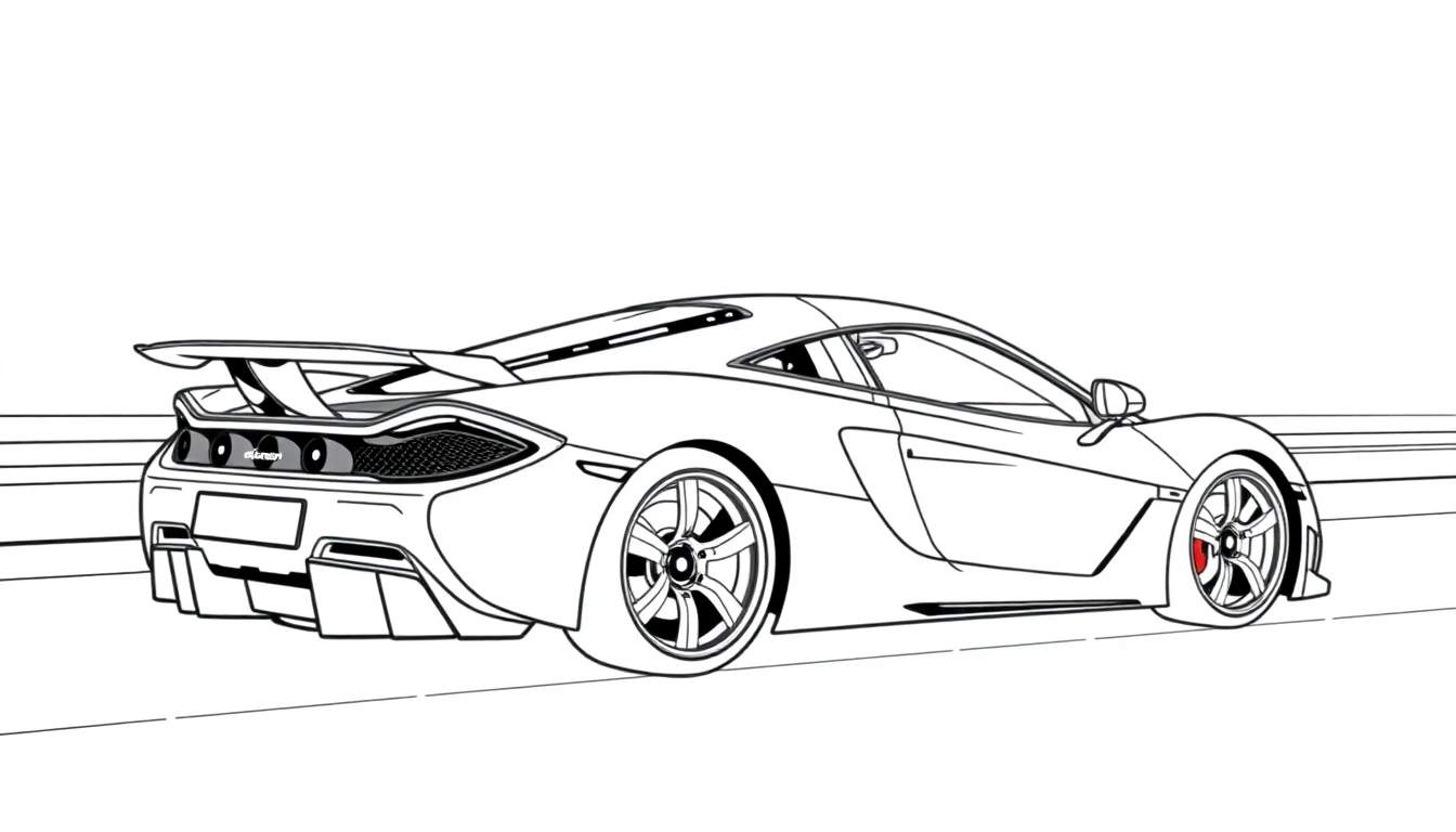 Um esboço de um carro McLaren esportivo em uma estrada, com um painel de cores vibrantes ao lado.