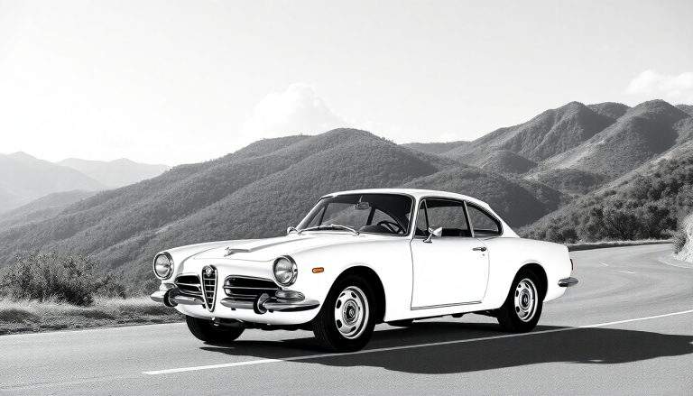 Um Alfa Romeo clássico branco em uma estrada com montanhas ao fundo, visto como um painel de cores.