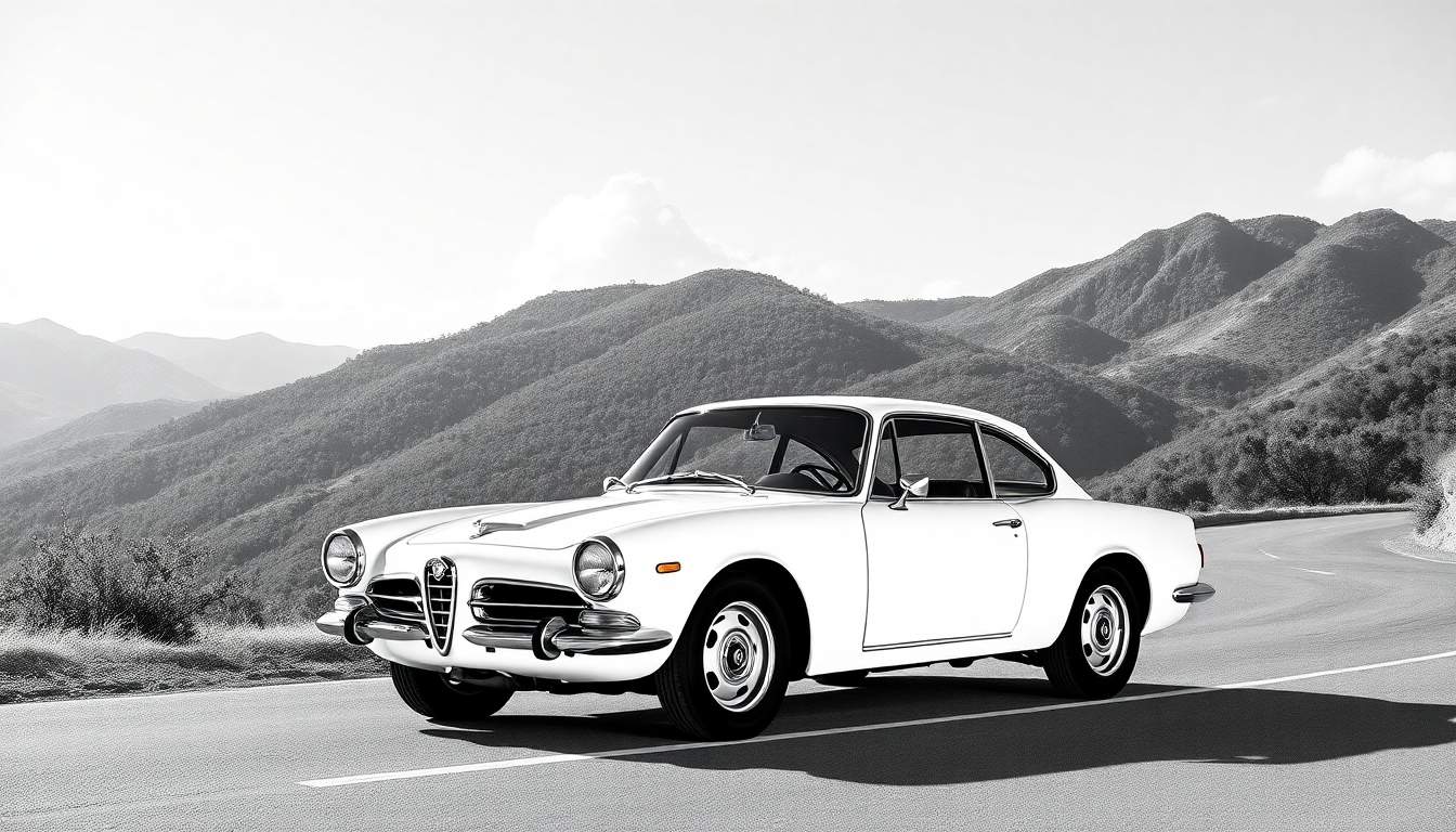 Um Alfa Romeo clássico branco em uma estrada com montanhas ao fundo, visto como um painel de cores.