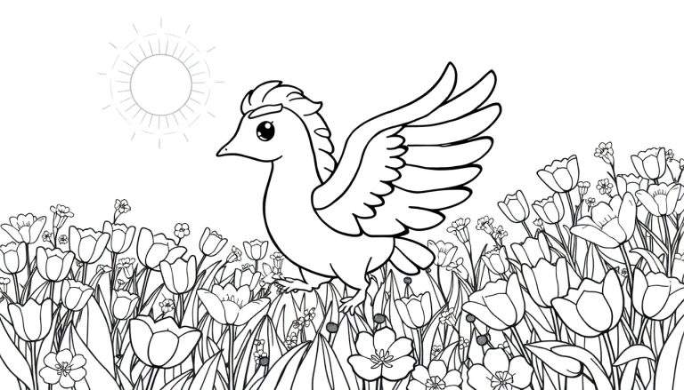 Um pássaro com crina a voar sobre um campo de flores num desenho a preto e branco.