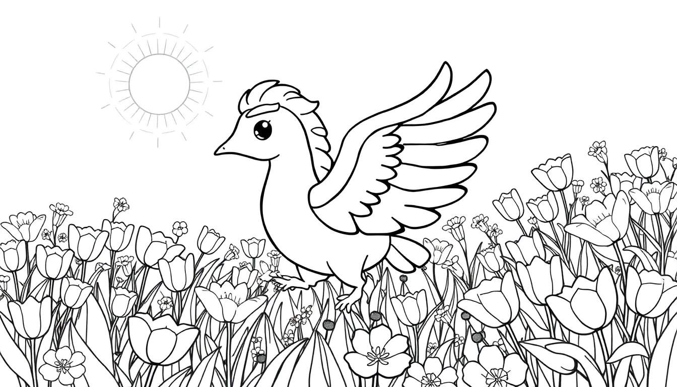 Um pássaro com crina a voar sobre um campo de flores num desenho a preto e branco.