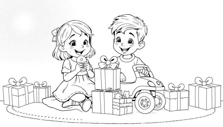 Menina sorridente com um laço no cabelo e um menino num carro de brincar, ambos rodeados de presentes em um color panel.