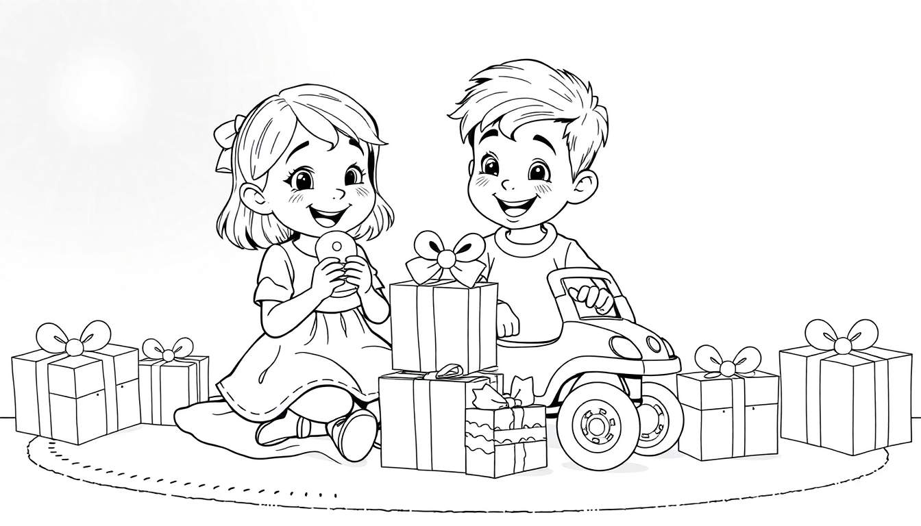 Menina sorridente com um laço no cabelo e um menino num carro de brincar, ambos rodeados de presentes em um color panel.