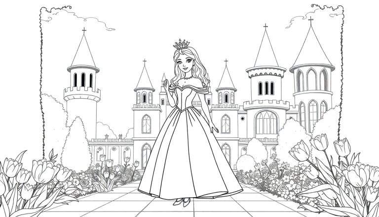 Princesa e castelo com flores, pronta para colorir