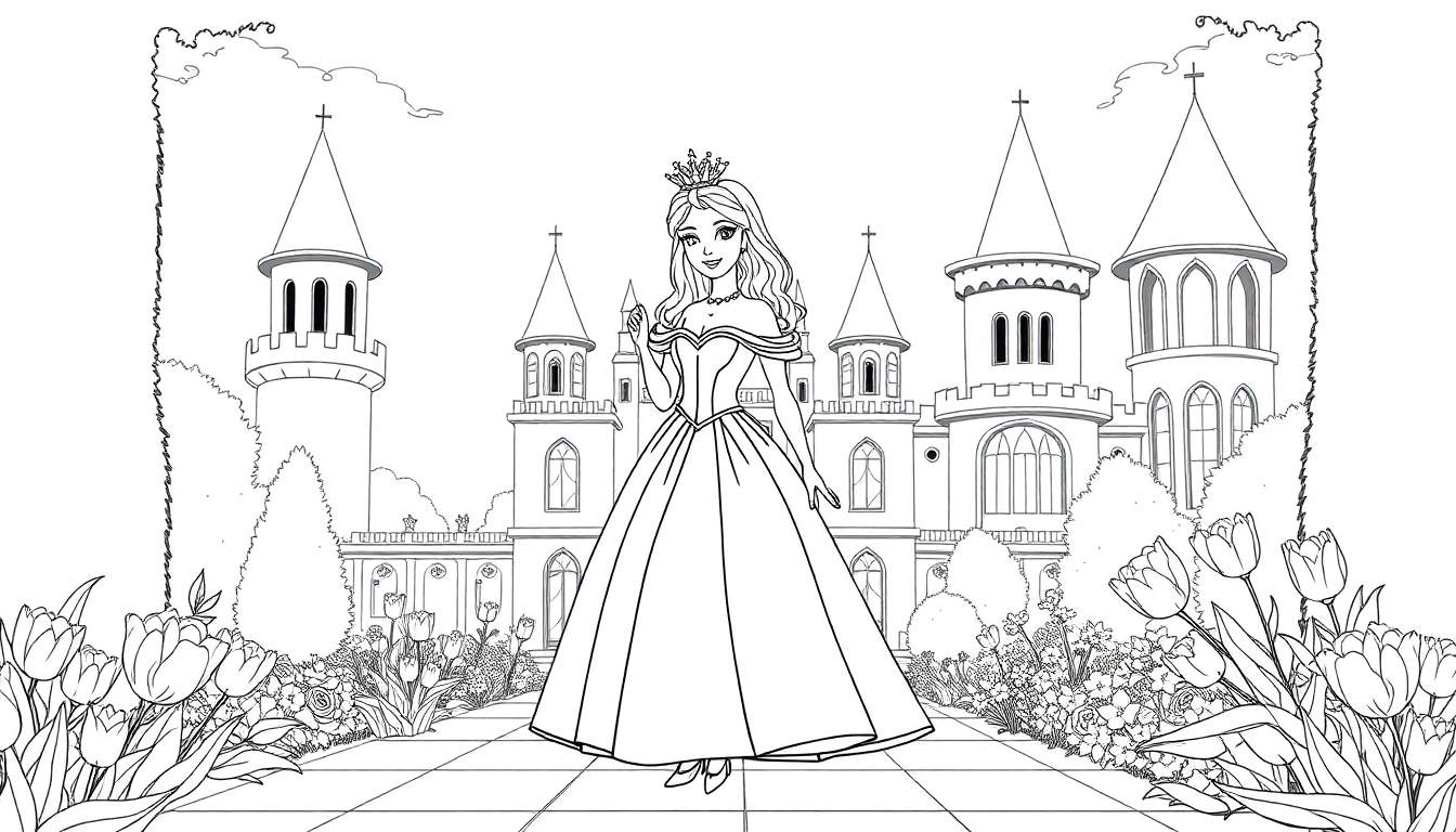 Princesa e castelo com flores, pronta para colorir