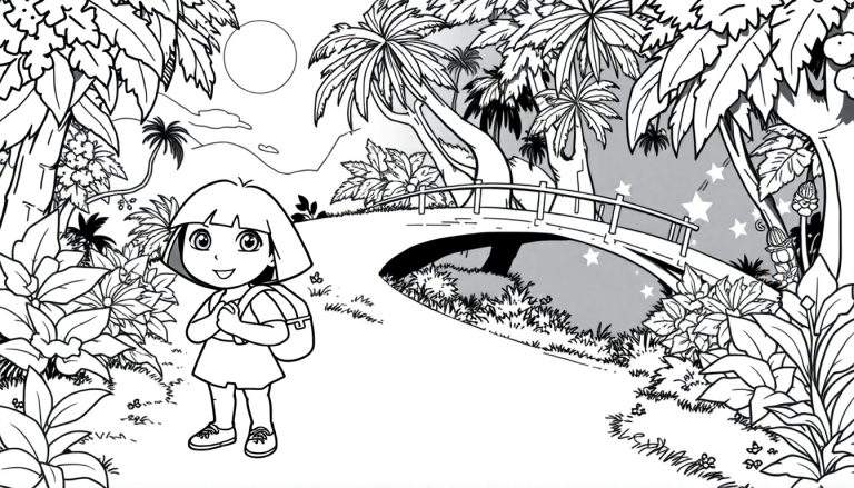 Desenho de Dora, a Aventureira, em uma floresta tropical com um mapa, mochila e amigos, pronto para ser colorido.