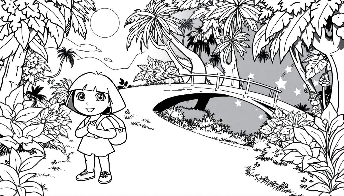 Desenho de Dora, a Aventureira, em uma floresta tropical com um mapa, mochila e amigos, pronto para ser colorido.