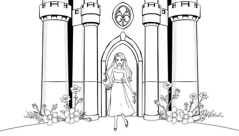 Princesa mágica saindo de um castelo rosa com flores e brilho.