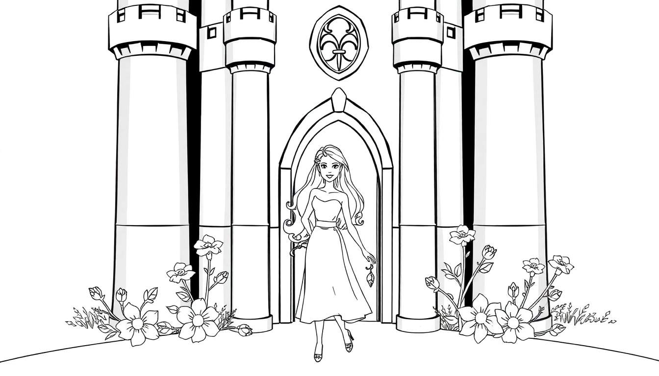 Princesa mágica saindo de um castelo rosa com flores e brilho.