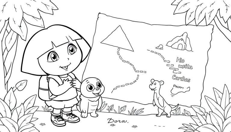 Dora e Botas na selva com um mapa.