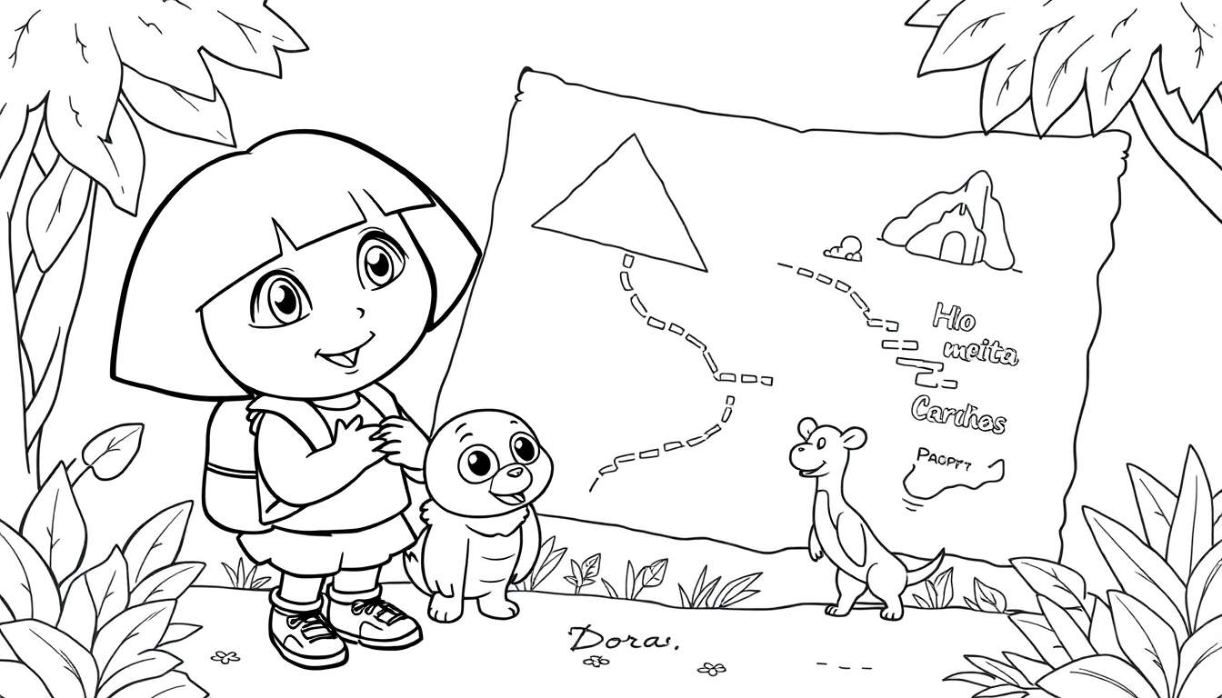 Dora e Botas na selva com um mapa.