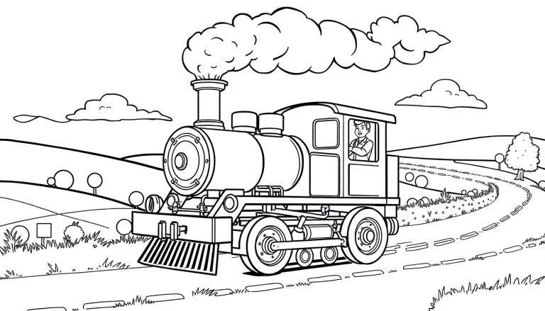 Desenho em preto e branco de um comboio a vapor a viajar numa linha curva, com fumo a sair da chaminé e um condutor na cabine. Ao fundo, colinas, árvores e nuvens num céu simples, estilo de colorir para crianças. Um painel de cores para um dia divertido!