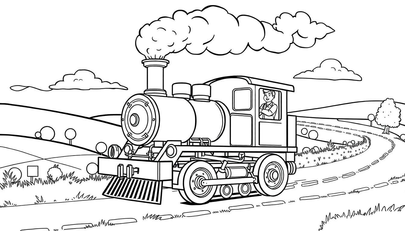 Desenho em preto e branco de um comboio a vapor a viajar numa linha curva, com fumo a sair da chaminé e um condutor na cabine. Ao fundo, colinas, árvores e nuvens num céu simples, estilo de colorir para crianças. Um painel de cores para um dia divertido!