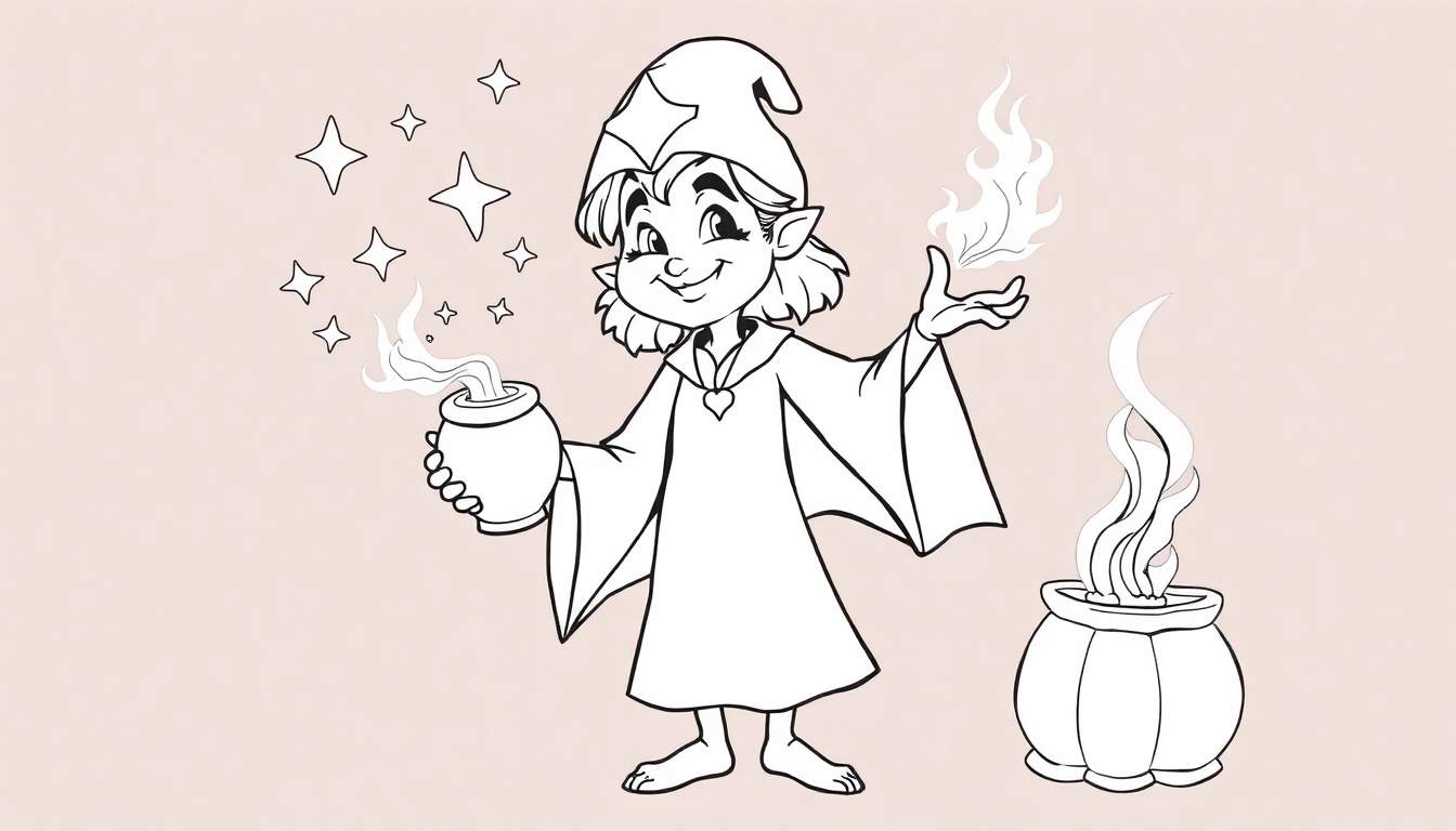 Desenho de uma jovem feiticeira em estilo de livro de colorir, com chapéu pontudo e panela mágica.